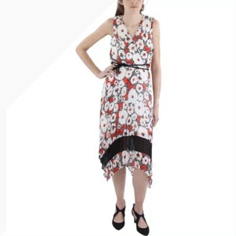 Karl Lagerfeld Floral Print Midi Dress V Neck‎ Sleeveless Black Belted size 6